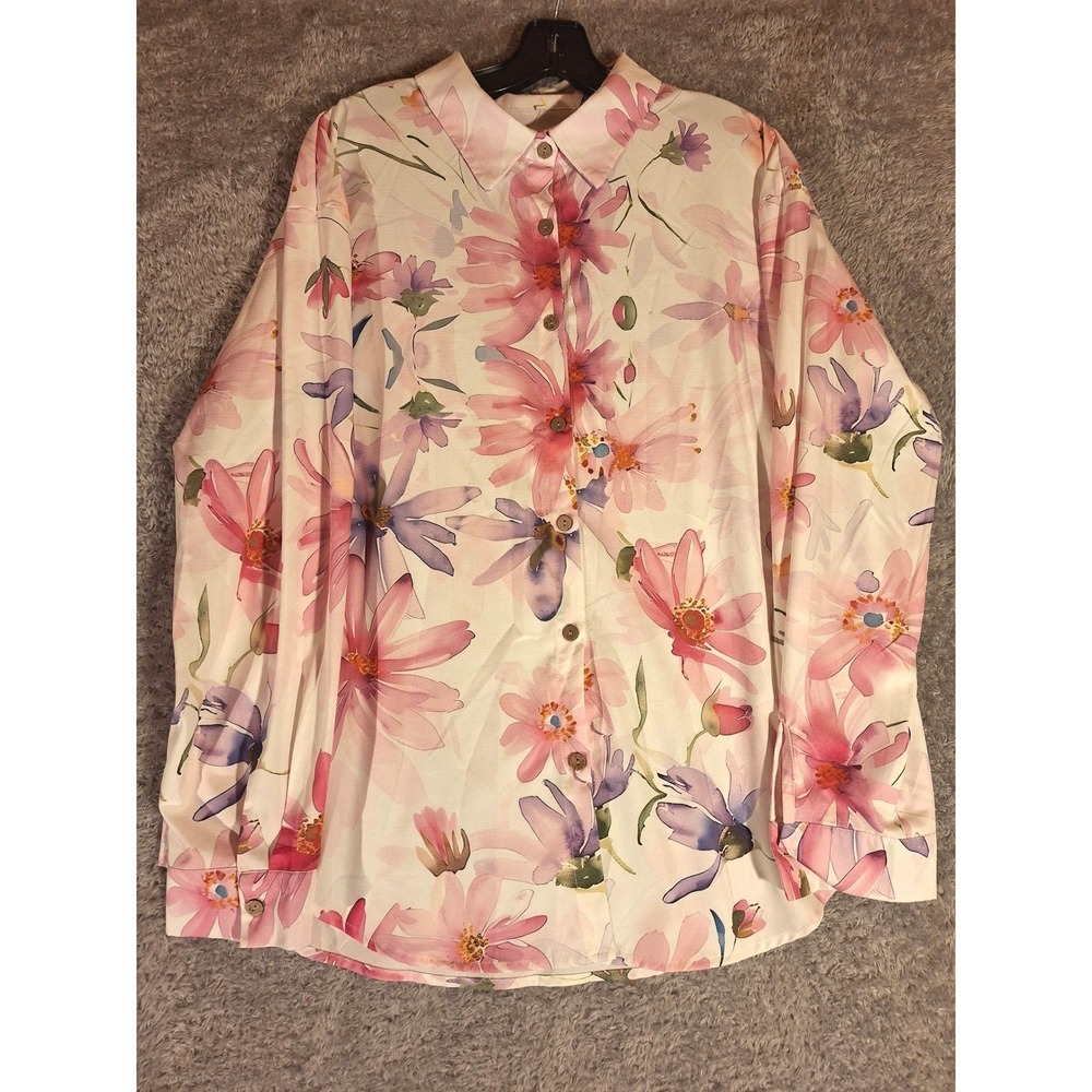 Floral Watercolor Button Shirt Pink Purple Long Sleeve XXL Lightweight Stretch